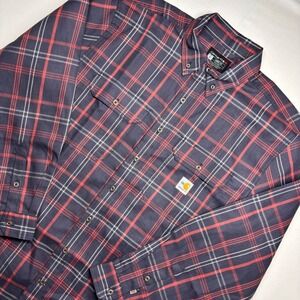 Carhartt FR Flame Resistant Plaid Shirt Mens Large Loose Fit Navy Red CAT2